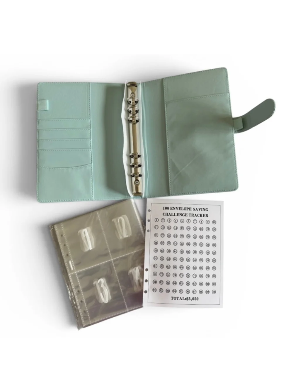 Light Green 100 Envelope Savings Challenge Planner Binder - Brand New